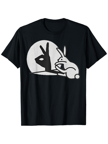 Men's Graphic T-Shirt Shadow Art With Playful Bunny Hand Gesture Under Moonlight