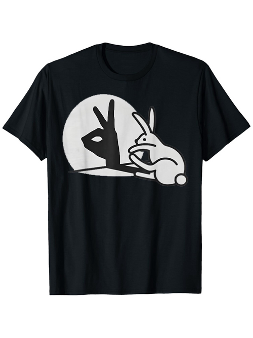 Men's Graphic T-Shirt Shadow Art With Playful Bunny Hand Gesture Under Moonlight