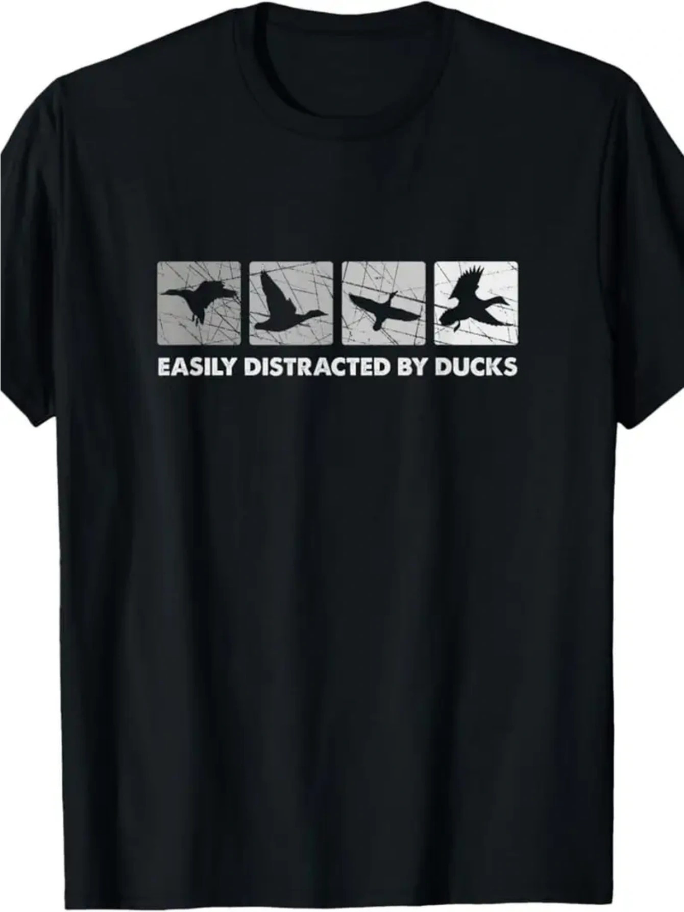 Men's Graphic T-Shirt Easily Distracted By Ducks Grayscale Flying Silhouettes In Graphic Window Duck