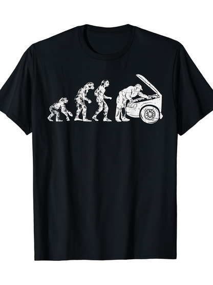 Men's Graphic T-Shirt Human Evolution Depicted With Car Maintenance Illustration