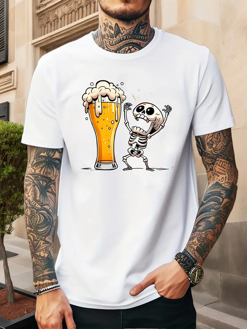 Men's Graphic T-Shirt Cartoon Skeleton Dancing Happily With Foaming Beer Glass