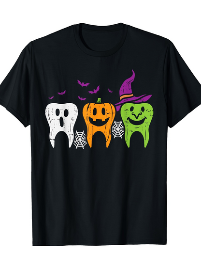 Men's Graphic T-Shirt Spooky Spider Webs With Colorful Halloween Teeth Trio