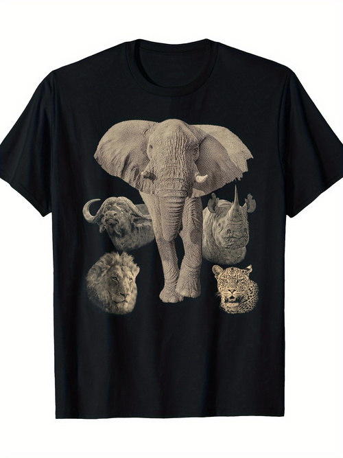 Men's Graphic T-Shirt Wild African Safari With Elephant Surrounded By Big Five Animal Heads