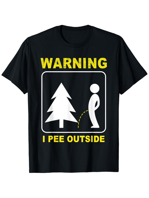 Men's Graphic T-Shirt Warning I Pee Outside Under Pine Tree With Cartoon Pictogram Figure