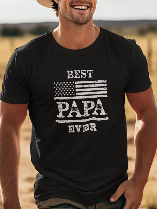 Men's Graphic T-Shirt Best Papa Ever With Vintage American Flag Motif And Bold White Letters