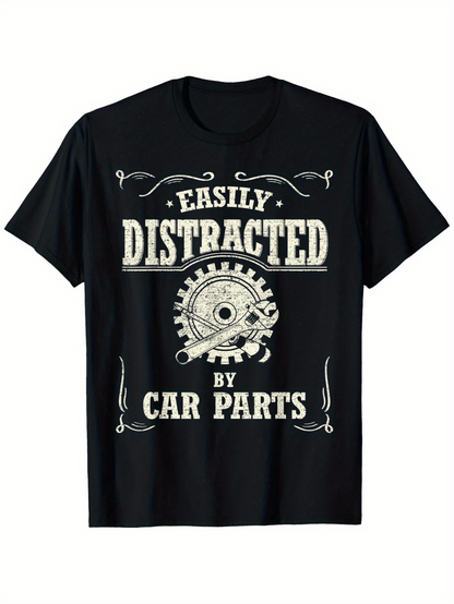 Men's Graphic T-Shirt Easily Distracted By Car Parts Graphic Gear Surrounded By Metallic Accents