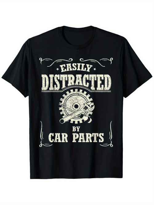 Men's Graphic T-Shirt Easily Distracted By Car Parts Graphic Gear Surrounded By Metallic Accents