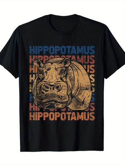 Men's Graphic T-Shirt Retro Colored Words And Engraved Sketch Featuring Majestic Hippopotamus