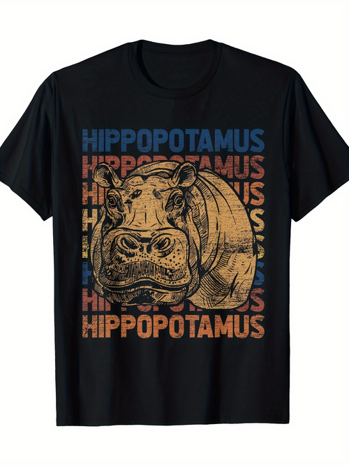 Men's Graphic T-Shirt Retro Colored Words And Engraved Sketch Featuring Majestic Hippopotamus