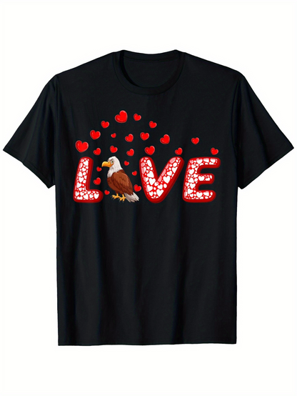 Men's Graphic T-Shirt Love With Scattered Red Hearts And Majestic Bald Eagle
