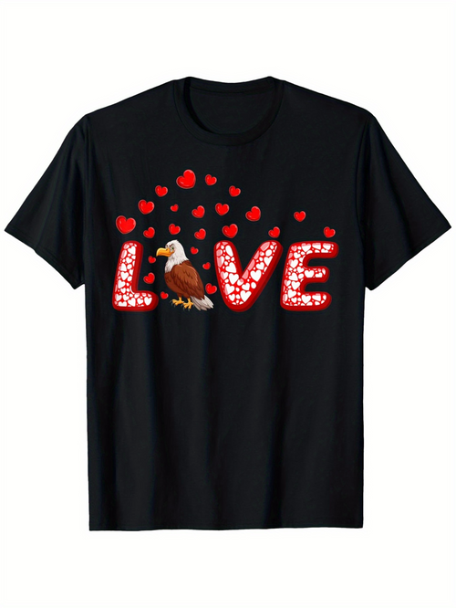 Men's Graphic T-Shirt Love With Scattered Red Hearts And Majestic Bald Eagle