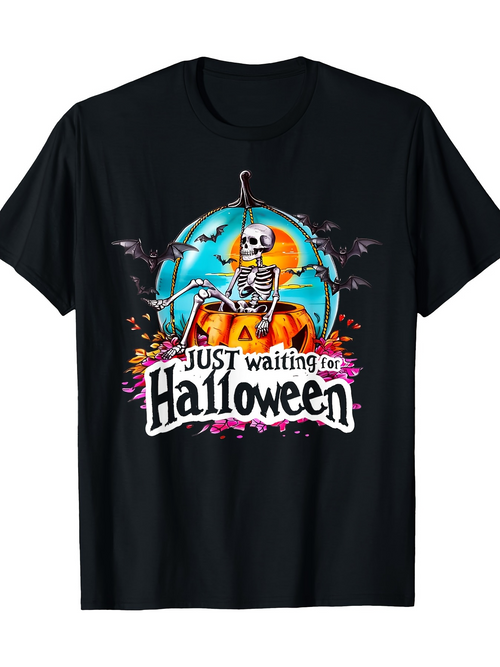 Men's Graphic T-Shirt Just Waiting For Halloween Skeleton With Pumpkin Moon And Bats