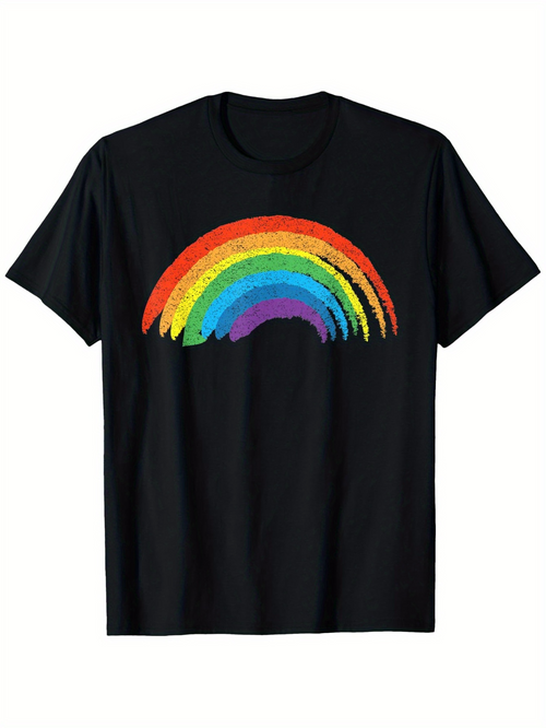 Men's Graphic T-Shirt Brushstroke Rainbow With Vibrant Colors Blending Across Black Cotton T Shirt