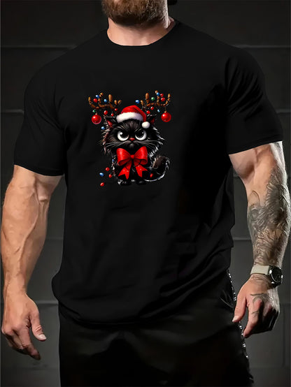 Men's Graphic T-Shirt Festive Black Cat Wearing Santa Hat With Red Bow And Christmas Ornaments