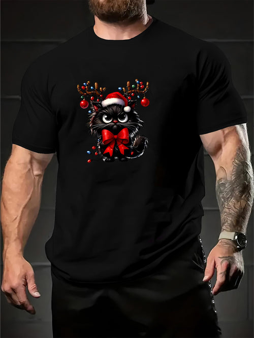 Men's Graphic T-Shirt Festive Black Cat Wearing Santa Hat With Red Bow And Christmas Ornaments