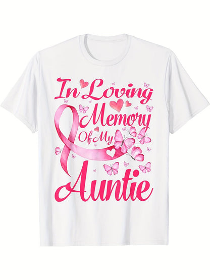 Women's Graphic T-Shirt In Loving Memory Of My Auntie Pink Ribbon With Butterflies And Hearts T Shirt