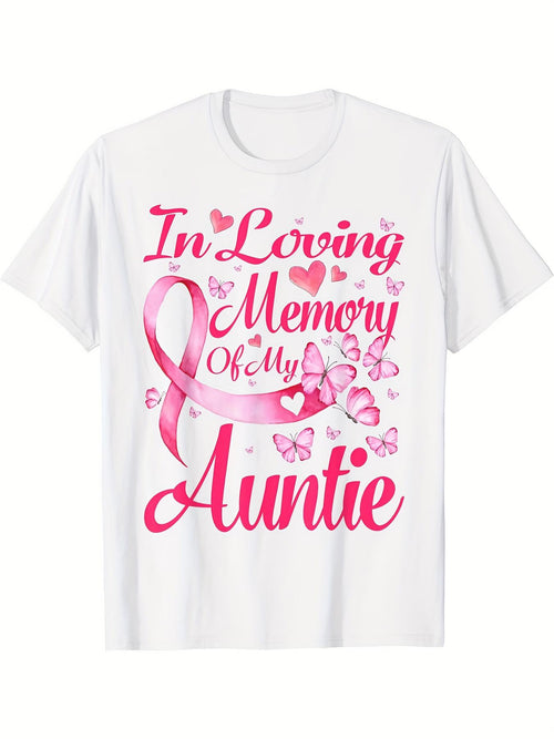 Women's Graphic T-Shirt In Loving Memory Of My Auntie Pink Ribbon With Butterflies And Hearts T Shirt