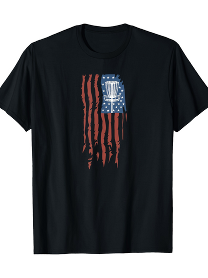 Men's Graphic T-Shirt Vintage Distressed American Flag With Stars Red Stripes Vertical Pattern Disc Golf Basket