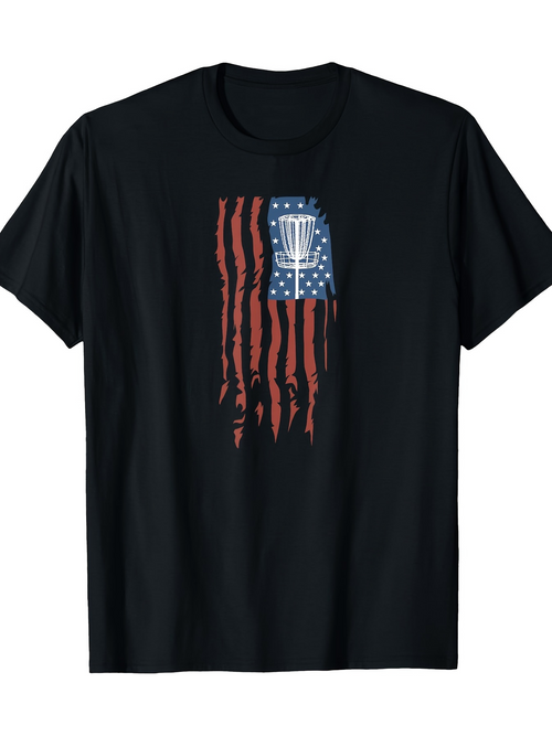 Men's Graphic T-Shirt Vintage Distressed American Flag With Stars Red Stripes Vertical Pattern Disc Golf Basket