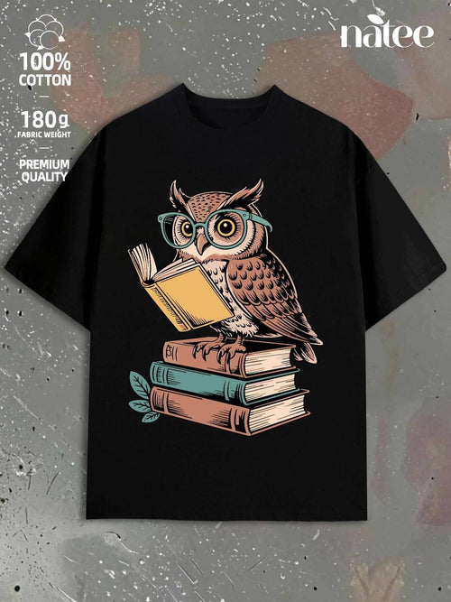 Men's Graphic T-Shirt Intelligent Owl With Glasses Reading Books On Top Of Stacked Volumes