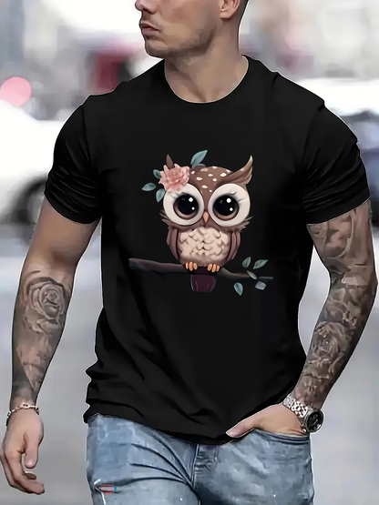 Men's Graphic T-Shirt Vintage Blossom Perched On Twisted Branch Large Eyed Cute Owl