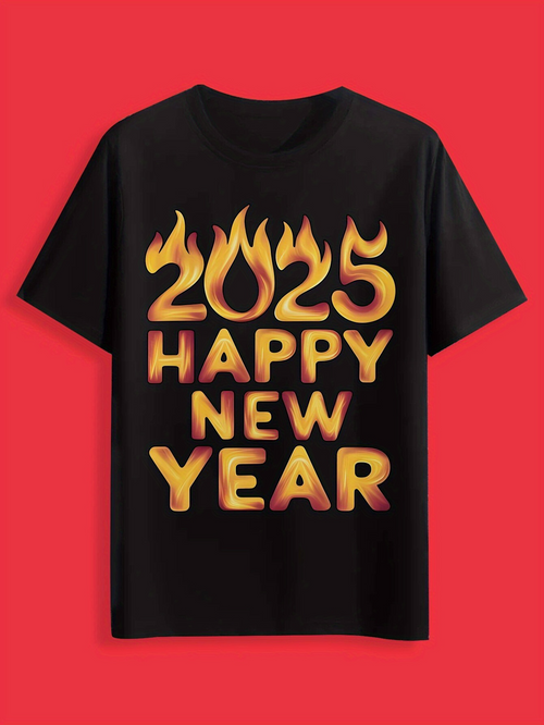 Men's Graphic T-Shirt Happy New Year With Fiery Gold Flaming Lettering 2025