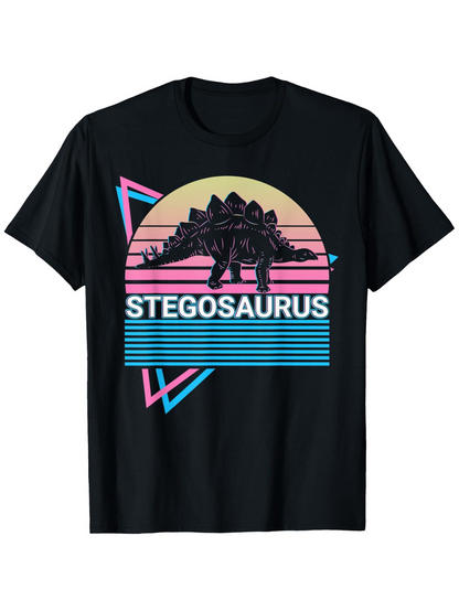 Men's Graphic T-Shirt Stegosaurus Neon Sunset Stripes With Retro Geometric Shapes Dinosaur