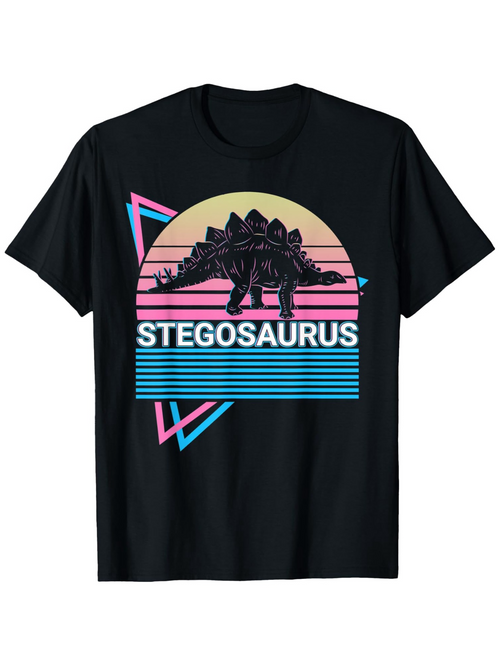 Men's Graphic T-Shirt Stegosaurus Neon Sunset Stripes With Retro Geometric Shapes Dinosaur