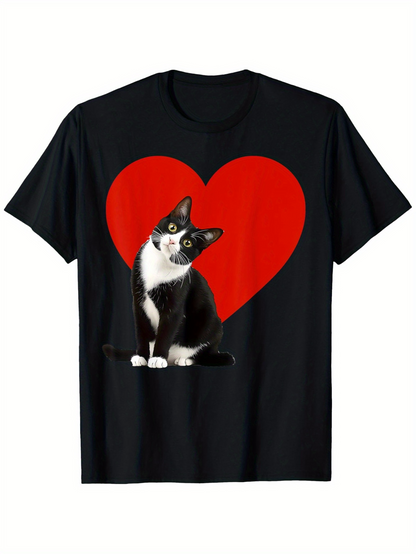 Men's Graphic T-Shirt Playful Tuxedo Cat Sitting In Front Of A Bold Red Heart
