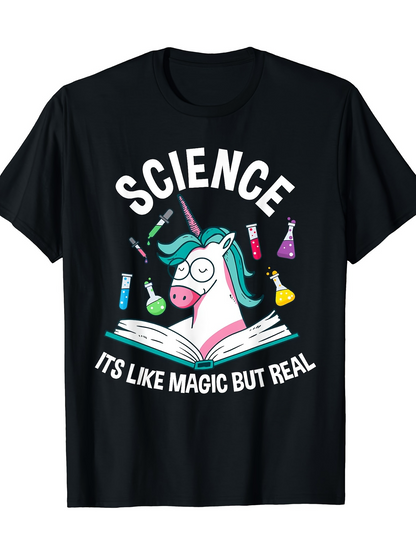 Men's Graphic T-Shirt Science Like Magic With Beakers And Open Book Unicorn