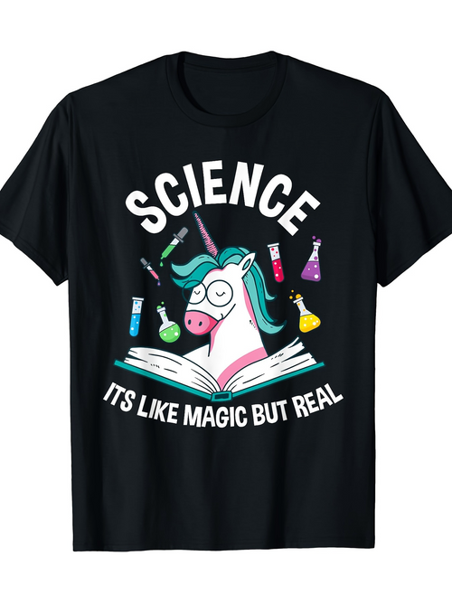 Men's Graphic T-Shirt Science Like Magic With Beakers And Open Book Unicorn