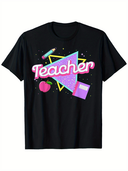 Men's Graphic T-Shirt Retro Neon Shapes With Apple And School Supplies Teacher