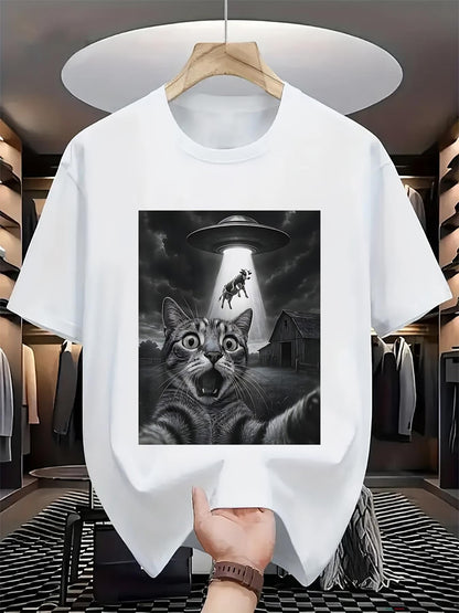 Men's Graphic T-Shirt Dramatic Nighttime Scene With UFO Beaming Cows Above Surprised Cat