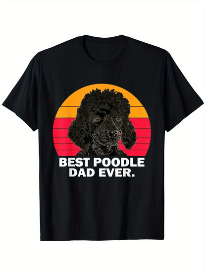Men's Graphic T-Shirt Best Poodle Dad Ever Retro Sunset With Fluffy Black Dog Portrait