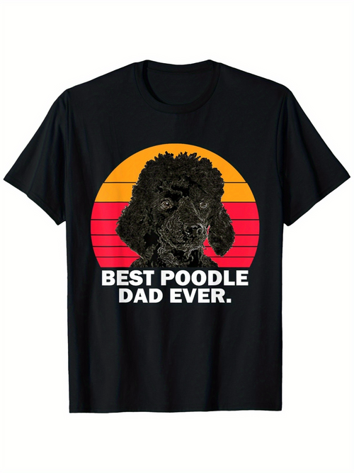 Men's Graphic T-Shirt Best Poodle Dad Ever Retro Sunset With Fluffy Black Dog Portrait