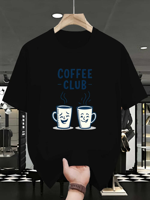 Men's Graphic T-Shirt Coffee Club Playful Steaming Mugs With Smiling Cartoon Faces