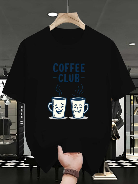 Men's Graphic T-Shirt Coffee Club Playful Steaming Mugs With Smiling Cartoon Faces