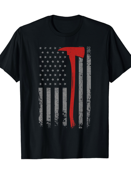 Men's Graphic T-Shirt Grunge American Flag With Red Firefighter Axe Graphic Shirt