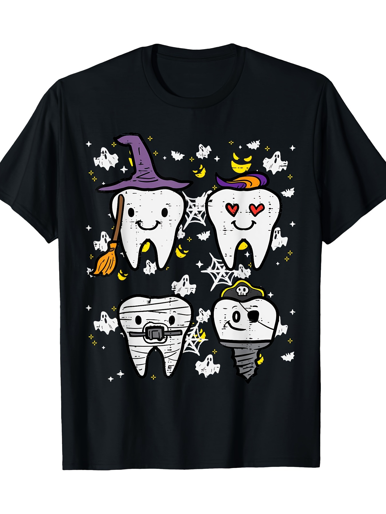 Men's Graphic T-Shirt Cute Halloween Characters With Cartoon Smiling Teeth And Little Stars Surrounded