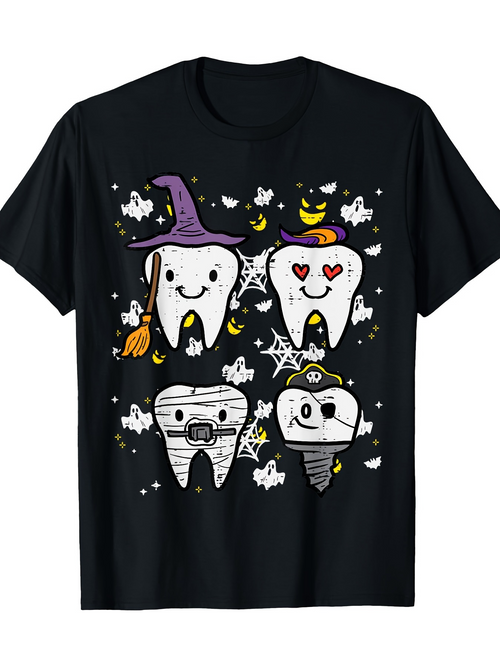 Men's Graphic T-Shirt Cute Halloween Characters With Cartoon Smiling Teeth And Little Stars Surrounded
