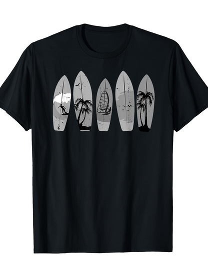 Men's Graphic T-Shirt Palm Trees And Wave Patterns On Surfboards Summer Surfboard