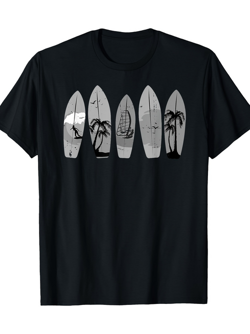 Men's Graphic T-Shirt Palm Trees And Wave Patterns On Surfboards Summer Surfboard
