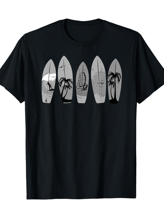 Men's Graphic T-Shirt Palm Trees And Wave Patterns On Surfboards Summer Surfboard