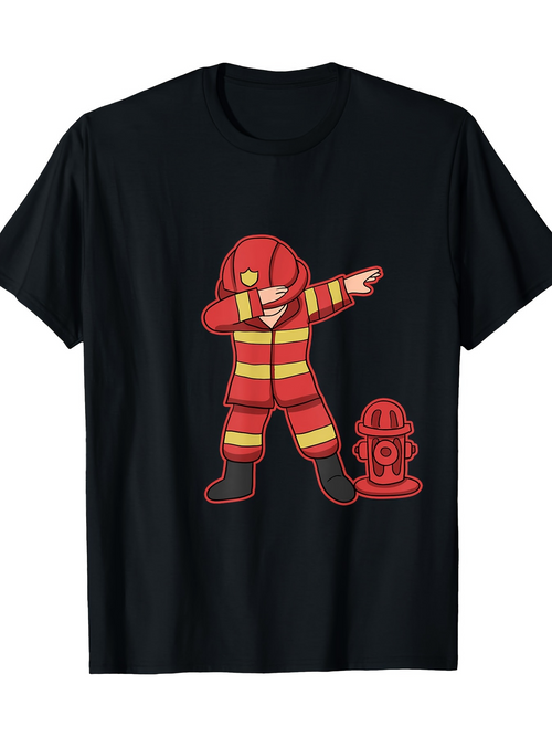 Men's Graphic T-Shirt Cartoon Style Firefighter Dabbing With A Red Hydrant Nearby Firefighter