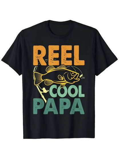 Men's Graphic T-Shirt Reel Cool Papa With Fishing Rod And Big Bass Fish Drawing