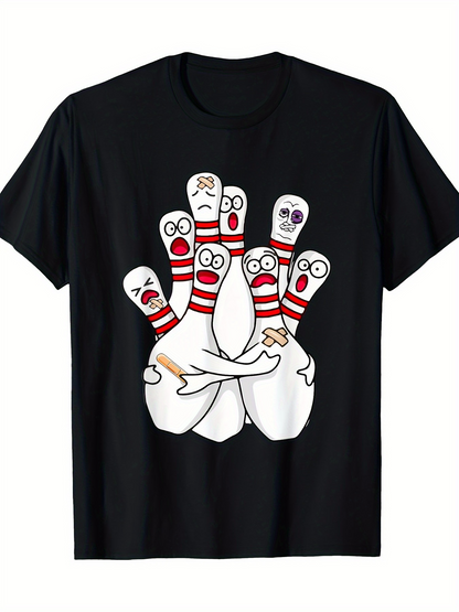 Men's Graphic T-Shirt Funny Cartoon Faces With Red Stripes On Hugging Bowling Pins