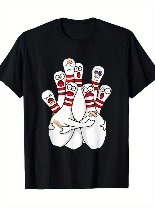 Men's Graphic T-Shirt Funny Cartoon Faces With Red Stripes On Hugging Bowling Pins
