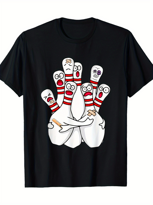 Men's Graphic T-Shirt Funny Cartoon Faces With Red Stripes On Hugging Bowling Pins