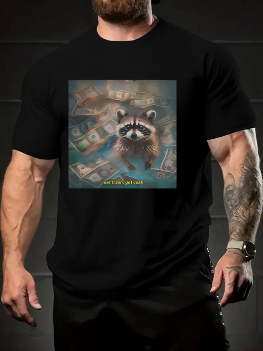 Men's Graphic T-Shirt Get Rich Raccoon Surrounded By Piles Of Cash And Floating Dollar Bills Raccoon