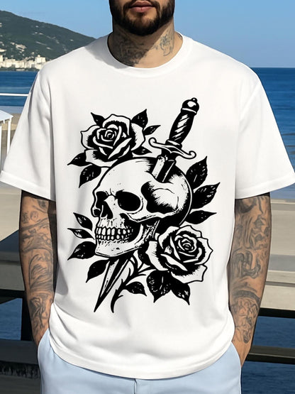 Men's Graphic T-Shirt Vintage Roses And Dagger Among Elegant Skull Tattoo Artwork